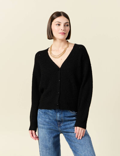 Gilet ajouré col V manches longues noir femme