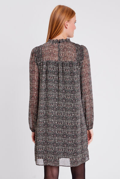 Robe évasée fluide col volants noir femme