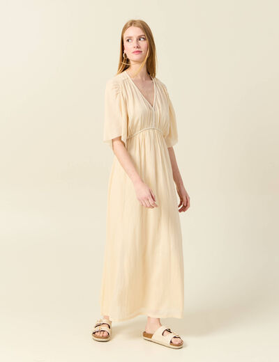 Robe longue empire col en V creme femme