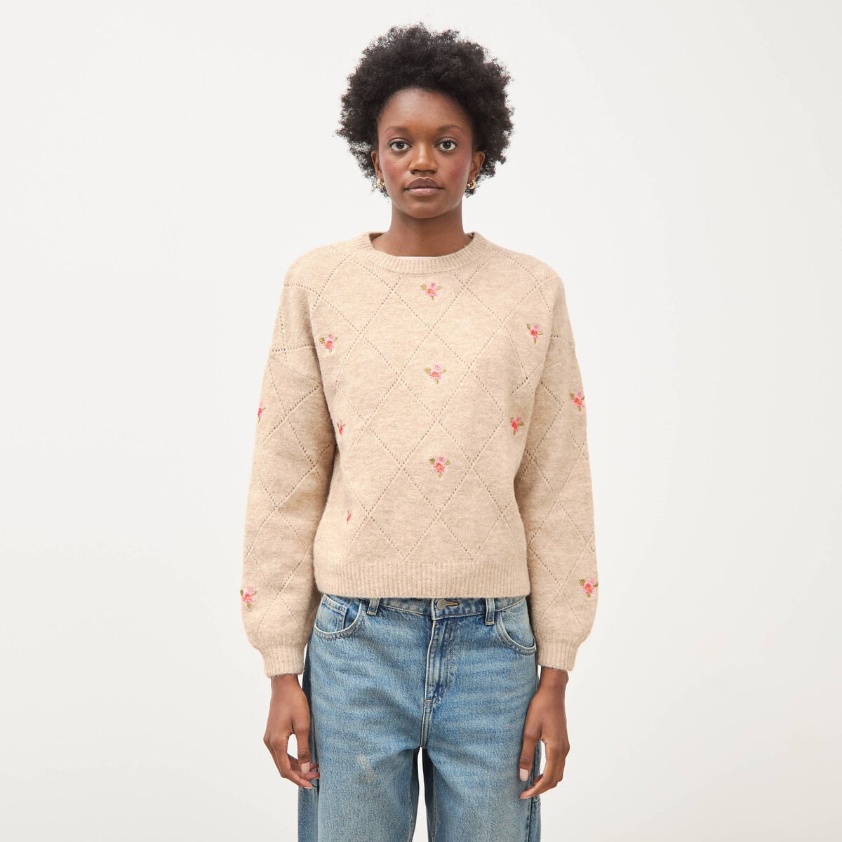 Pull droit col rond manches longues creme femme