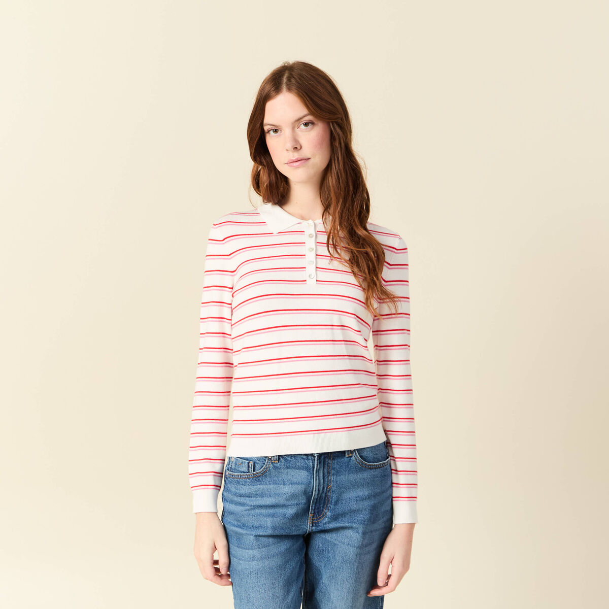Polo ray&eacute; manches longues blanc femme