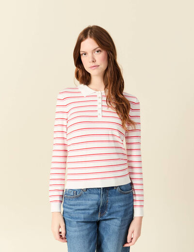 Polo ray&eacute; manches longues blanc femme