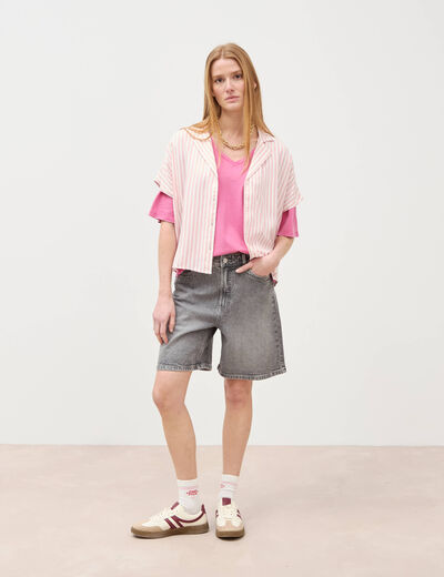 T-shirt col v manches courtes en coton rose framboise femme