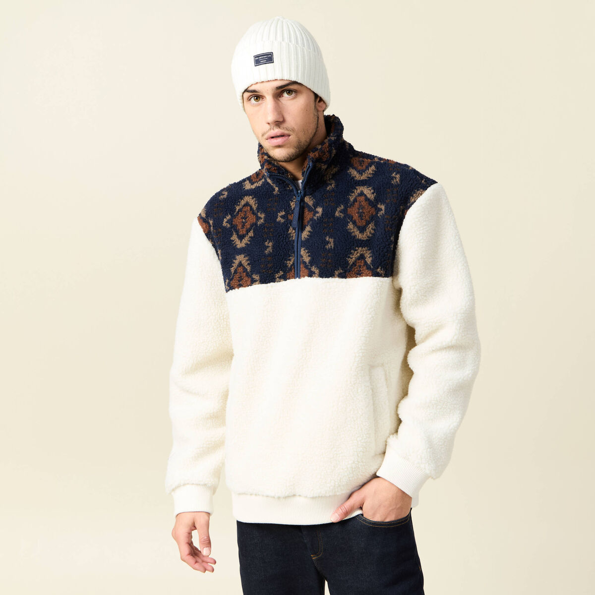 Sweat col camionneur ecru homme