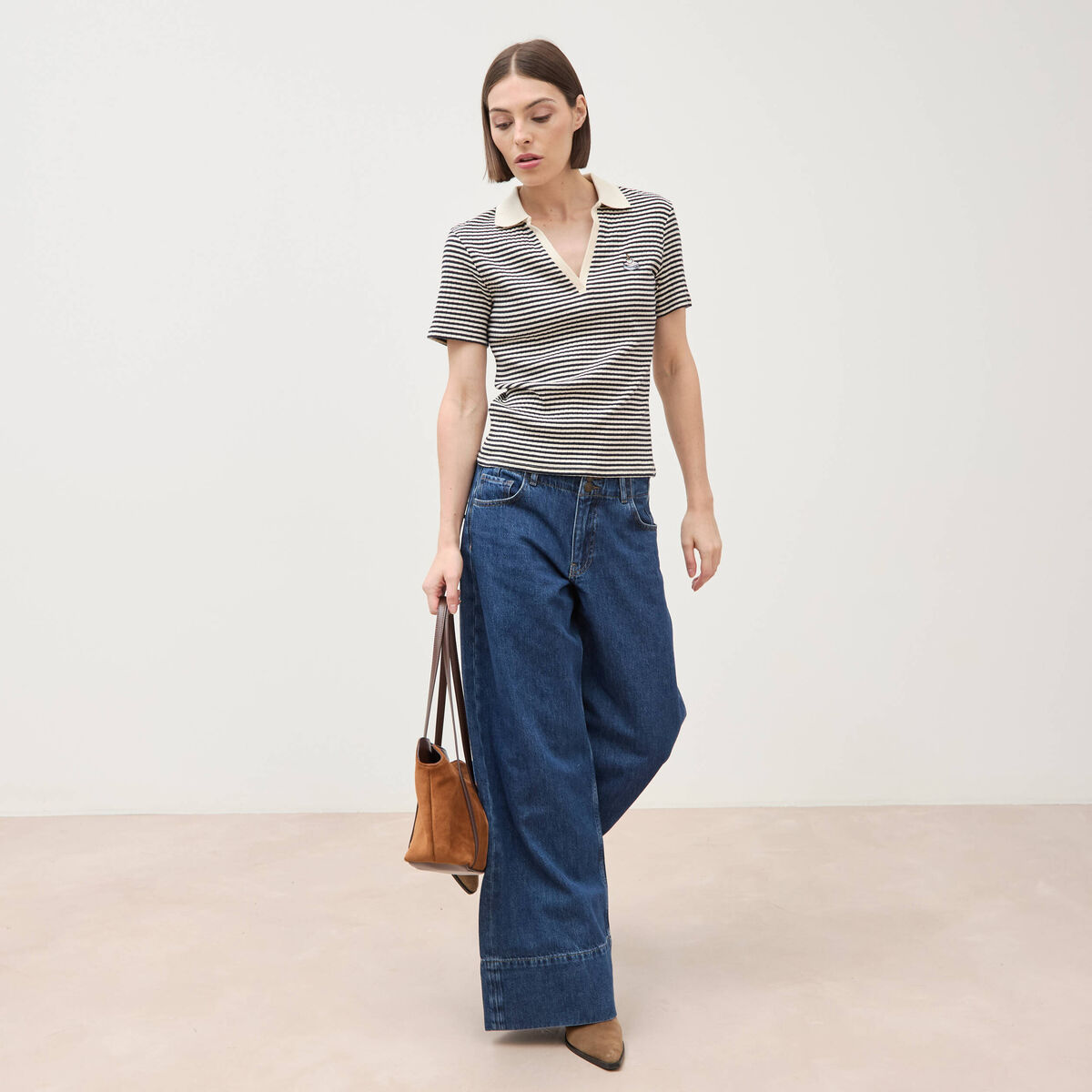 Polo ray&eacute; en coton manches courtes ecru femme