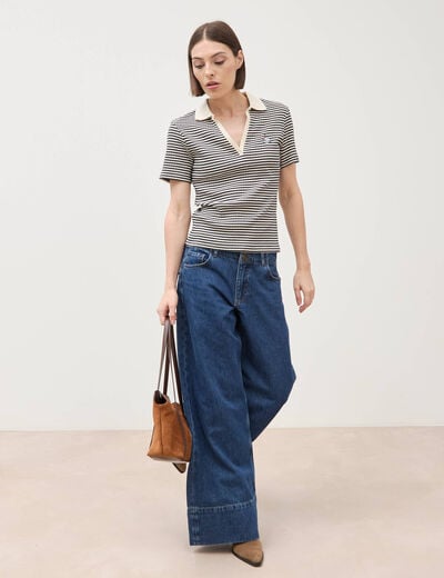 Polo ray&eacute; en coton manches courtes ecru femme