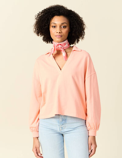 Sweat manches longues col polo rose saumon femme