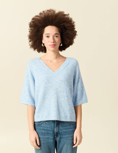 Pull col v manches 3/4 bleu ciel femme