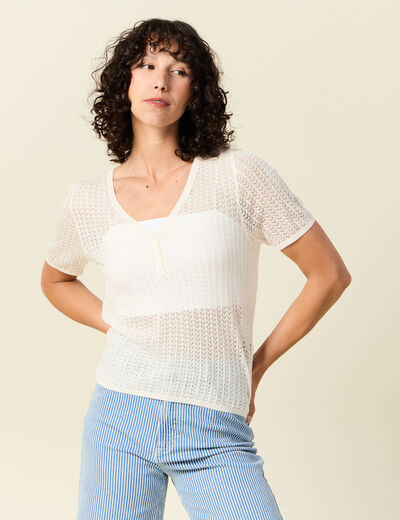 Pull manches courtes ajouré creme femme