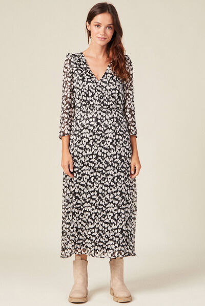 Robe longue évasée manches 3/4 noir femme