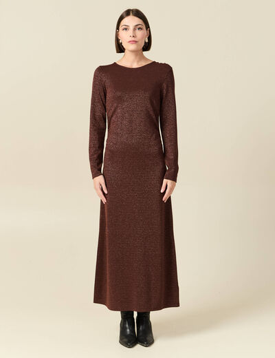 Robe longue ajust&eacute;e manches longues marron femme