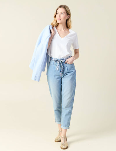 Jeans mom ceinture foulard denim bleach femme