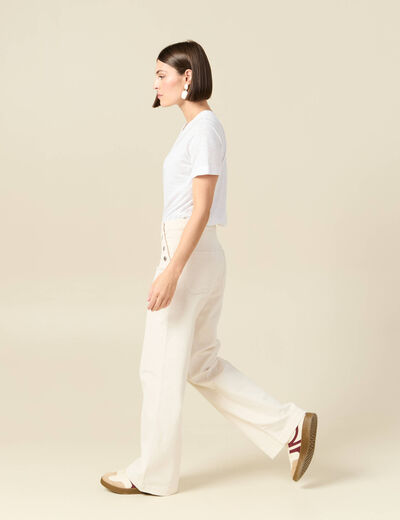 Pantalon large taille haute en velours ivoire femme
