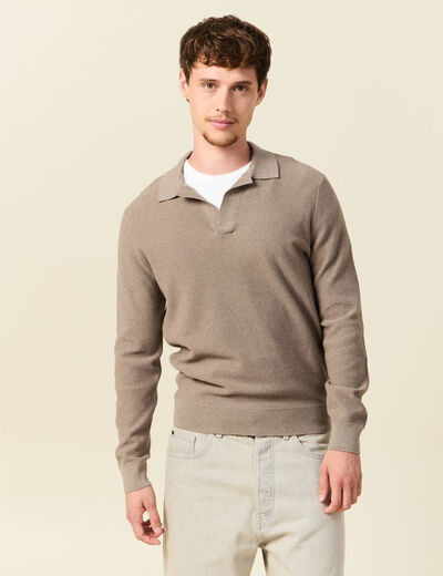 Pull droit col polo manches longues vert kaki homme