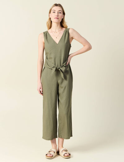 Combinaison pantalon col en V vert kaki femme