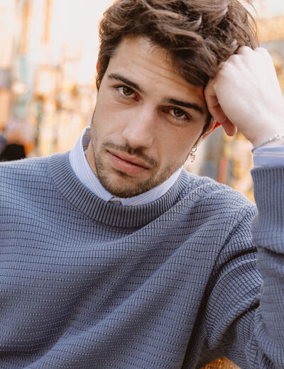 Pull col rond manches longues bleu gris homme