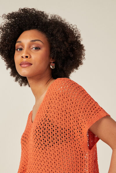Pull ajouré éco-responsable orange foncé femme