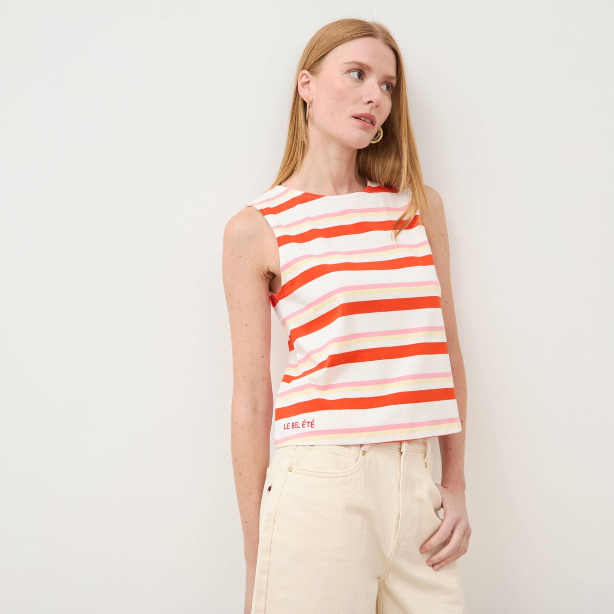D&eacute;bardeur ray&eacute; col rond en coton rouge femme