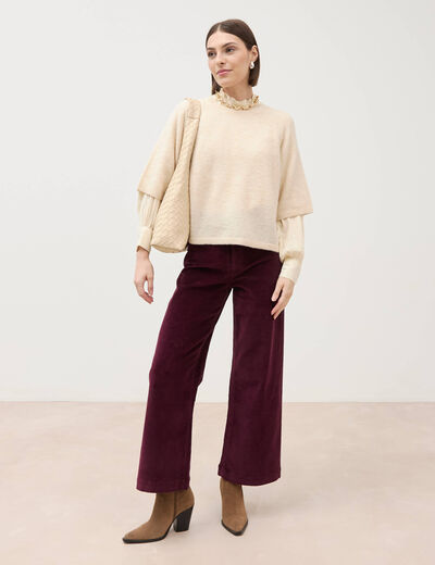 Pull droit court col v manches courtes ivoire femme