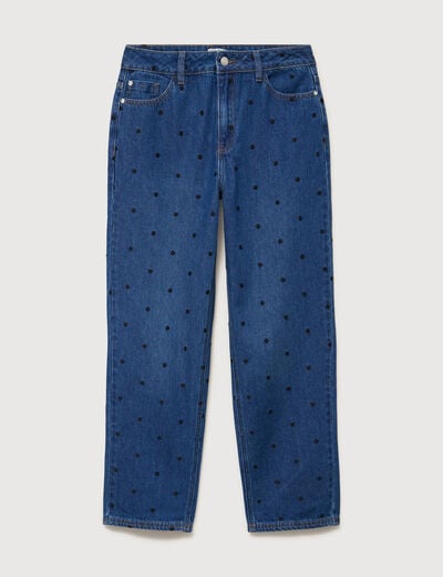 Jeans straight taille haute broderie bleu clair femme