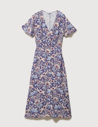 Robe droite 3/4 col v manches courtes bleu femme
