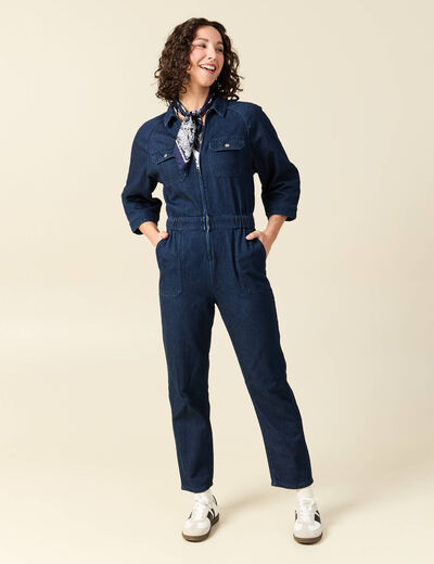 Combipantalon en coton aspect jeans denim brut rinse femme