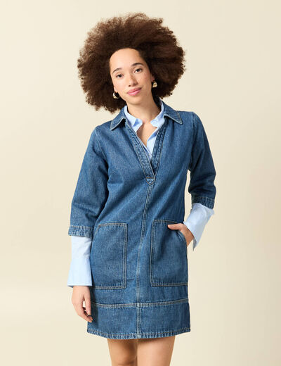Robe droite courte en coton col v denim stone femme