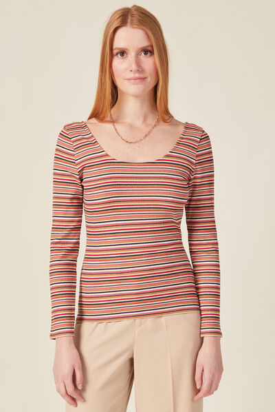 T-shirt manches longues côtelé marron femme