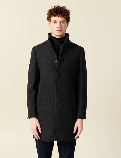 Manteau droit long col montant noir homme