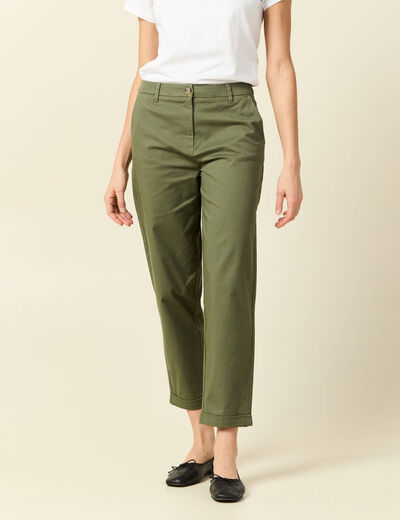 Pantalon taille haute fluide vert kaki femme