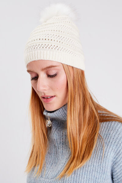 Bonnet à pompon ecru femme