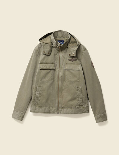 Blouson col montant à capuche vert kaki homme