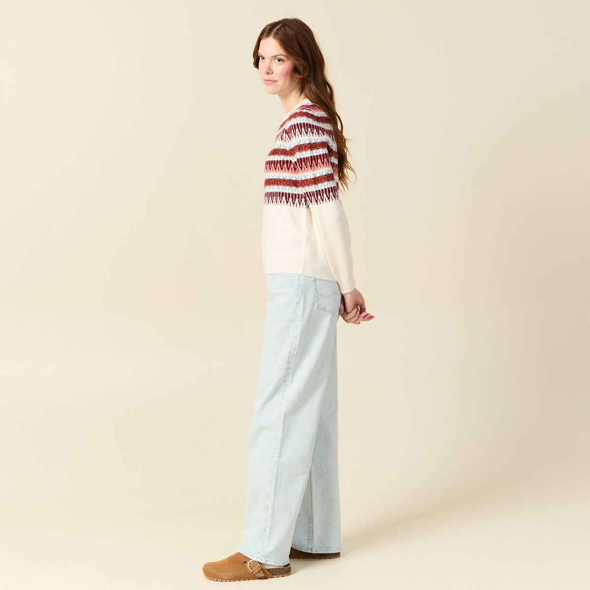 Pull manches longues col rond ecru femme