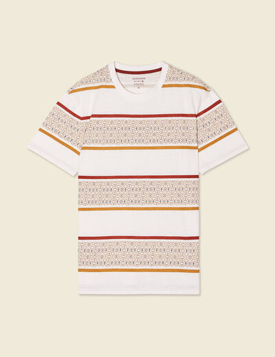 T-shirt ray&eacute; col rond manches courtes ecru homme