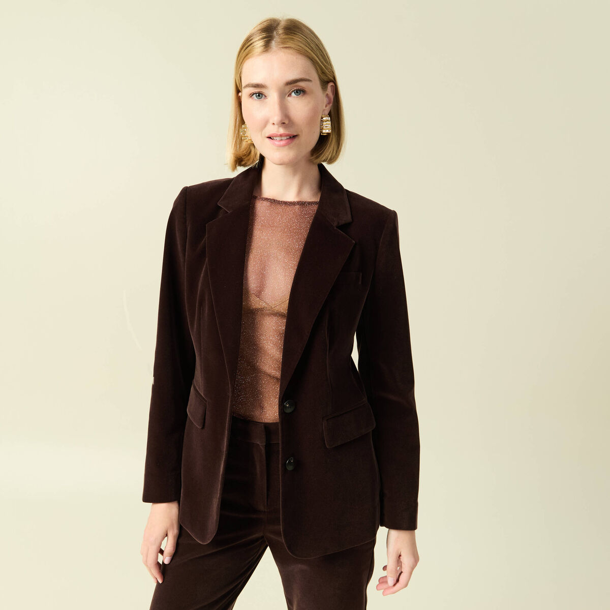 Veste blazer velours marron fonc&eacute; femme