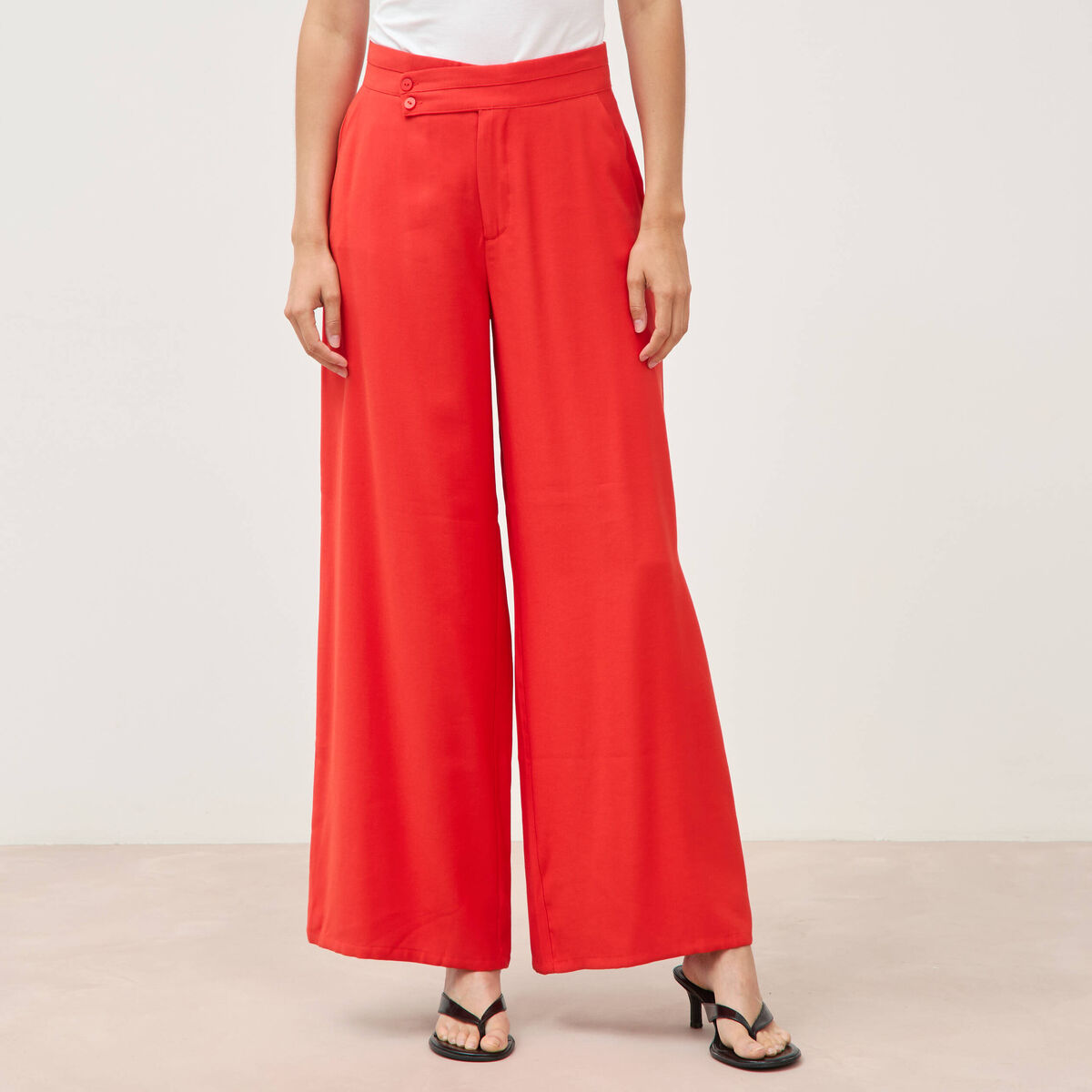 Pantalon large taille haute ceinture rouge femme
