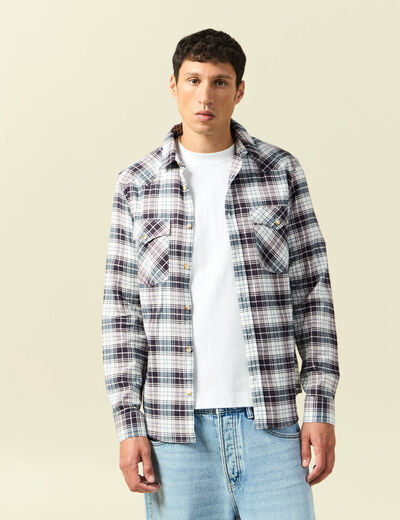 Chemise &agrave; carreaux manches longues ecru homme