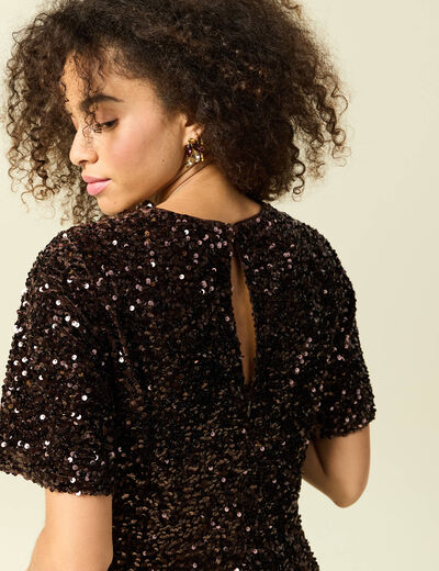 Robe manches courtes &agrave; sequins marron femme