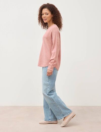 Pull manches longues col en V rose clair femme