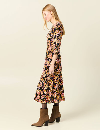 Robe midi évasée manches 3/4 noir femme