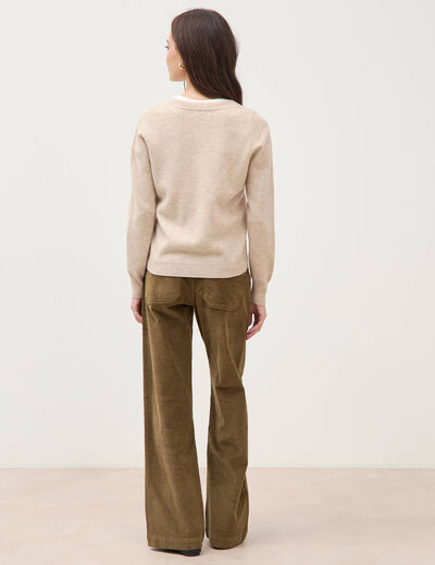 Pull droit col v manches longues creme femme