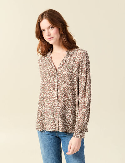 Blouse droite courte manches longues marron femme