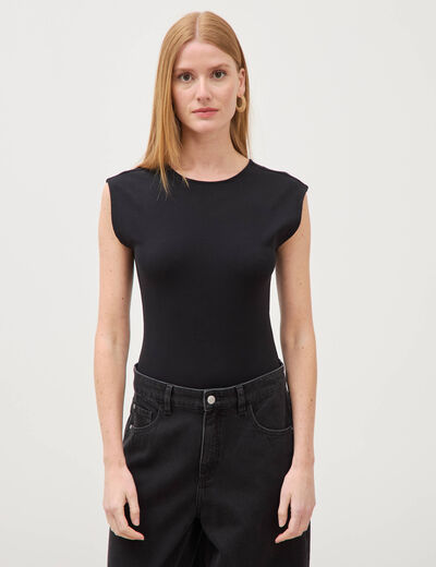 Body ajust&eacute; col rond manches d&eacute;bardeur noir femme