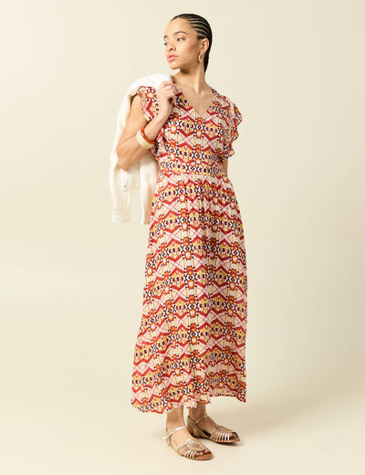 Robe longue &eacute;vas&eacute;e col v manches courtes bordeaux femme