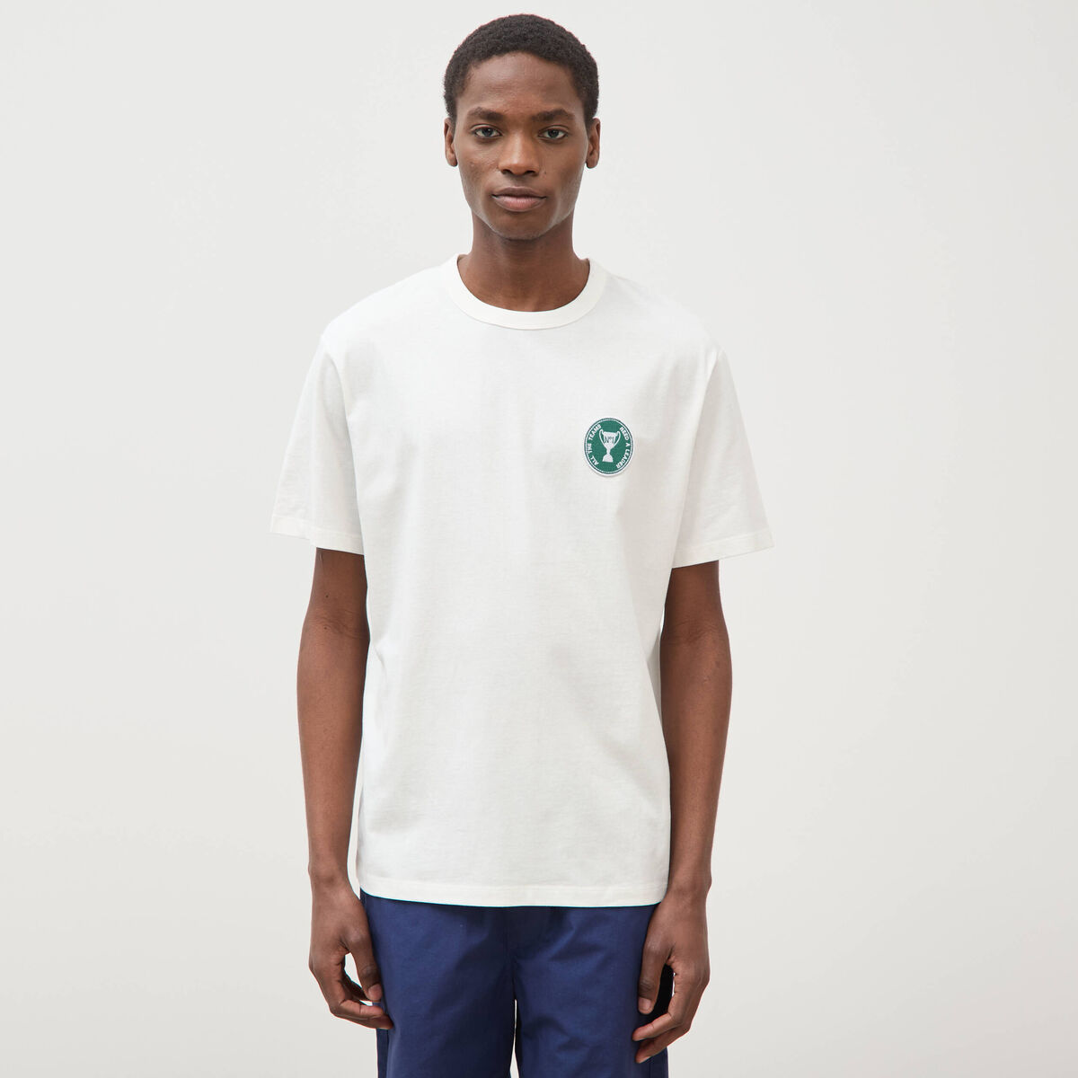 T-shirt col rond manches coudes en coton ecru homme