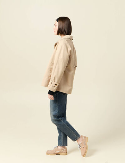 Trench droit court col montant beige femme
