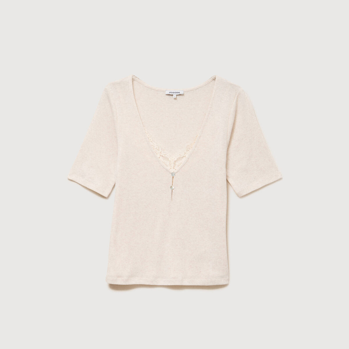 T-shirt ajust&eacute; col v manches coude creme femme
