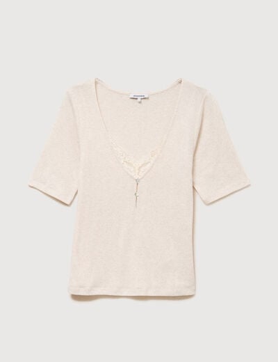 T-shirt ajust&eacute; col v manches coude creme femme