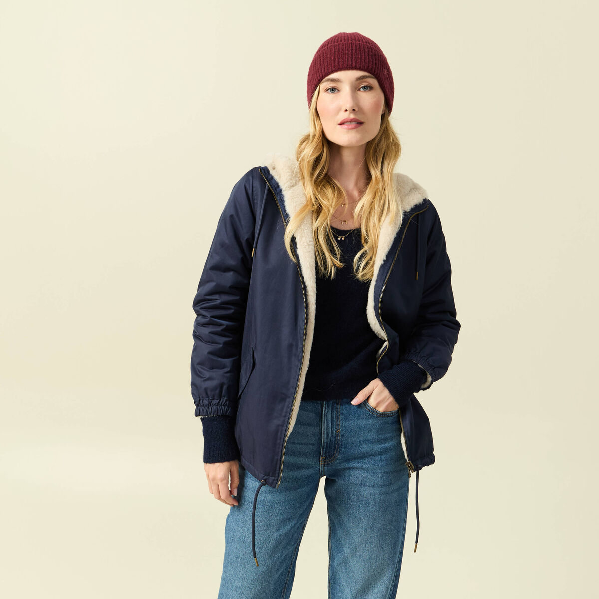 Parka r&eacute;versible bleu marine femme