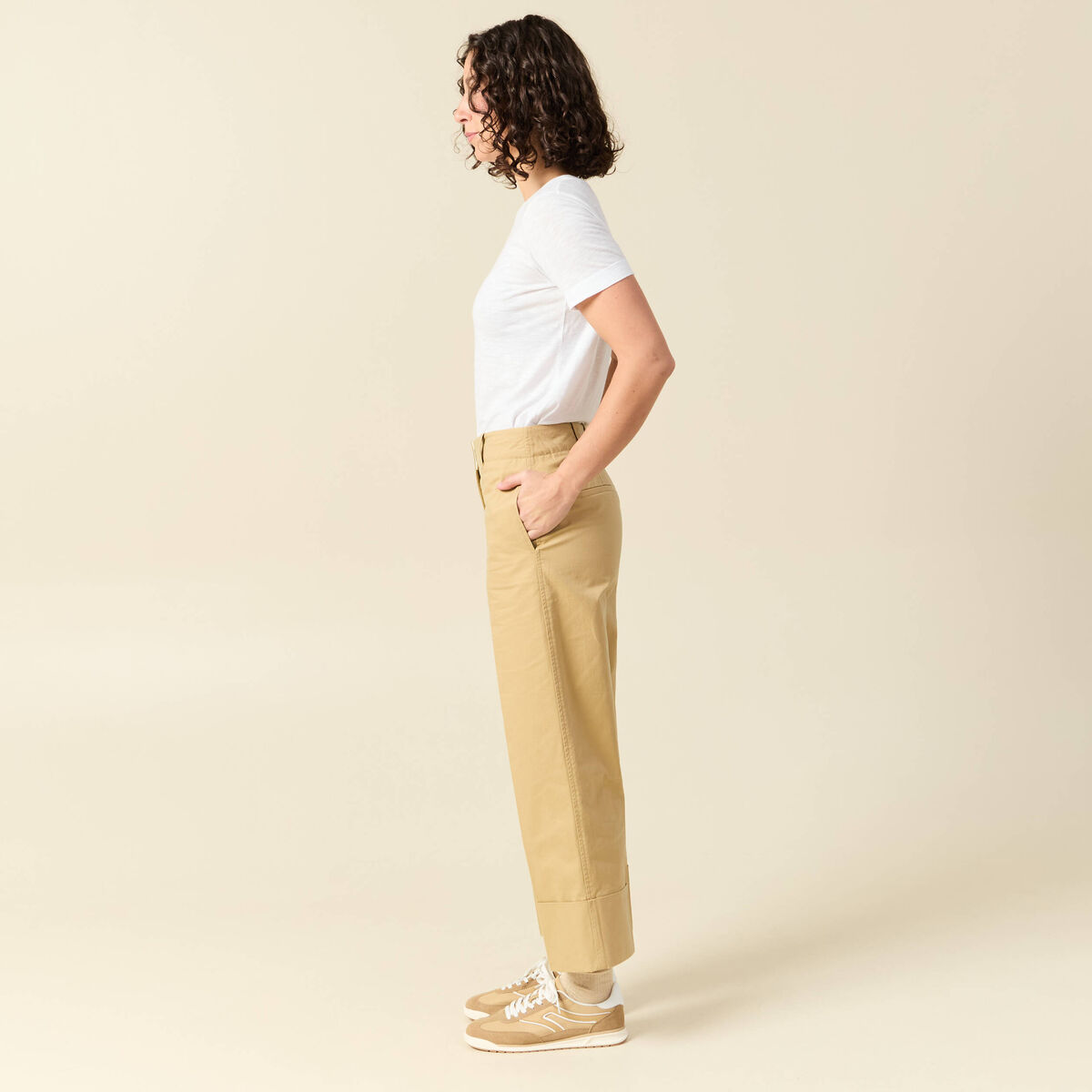 Pantalon large cropped taille haute beige femme